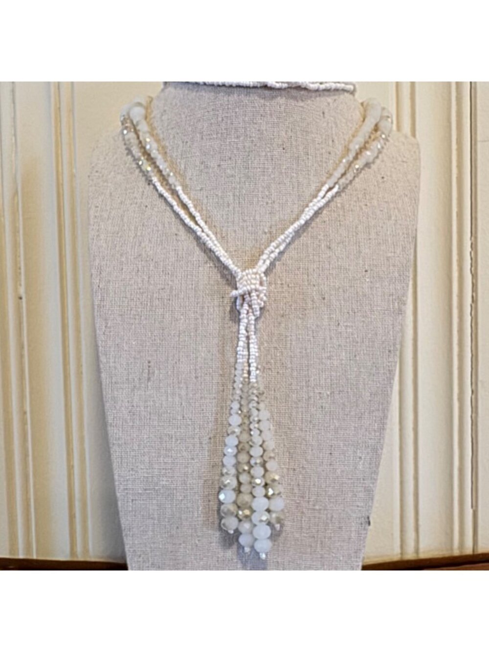 Quartz & White Glass Bead Double Strand Tassel Necklace 1970's Lariat 32" L